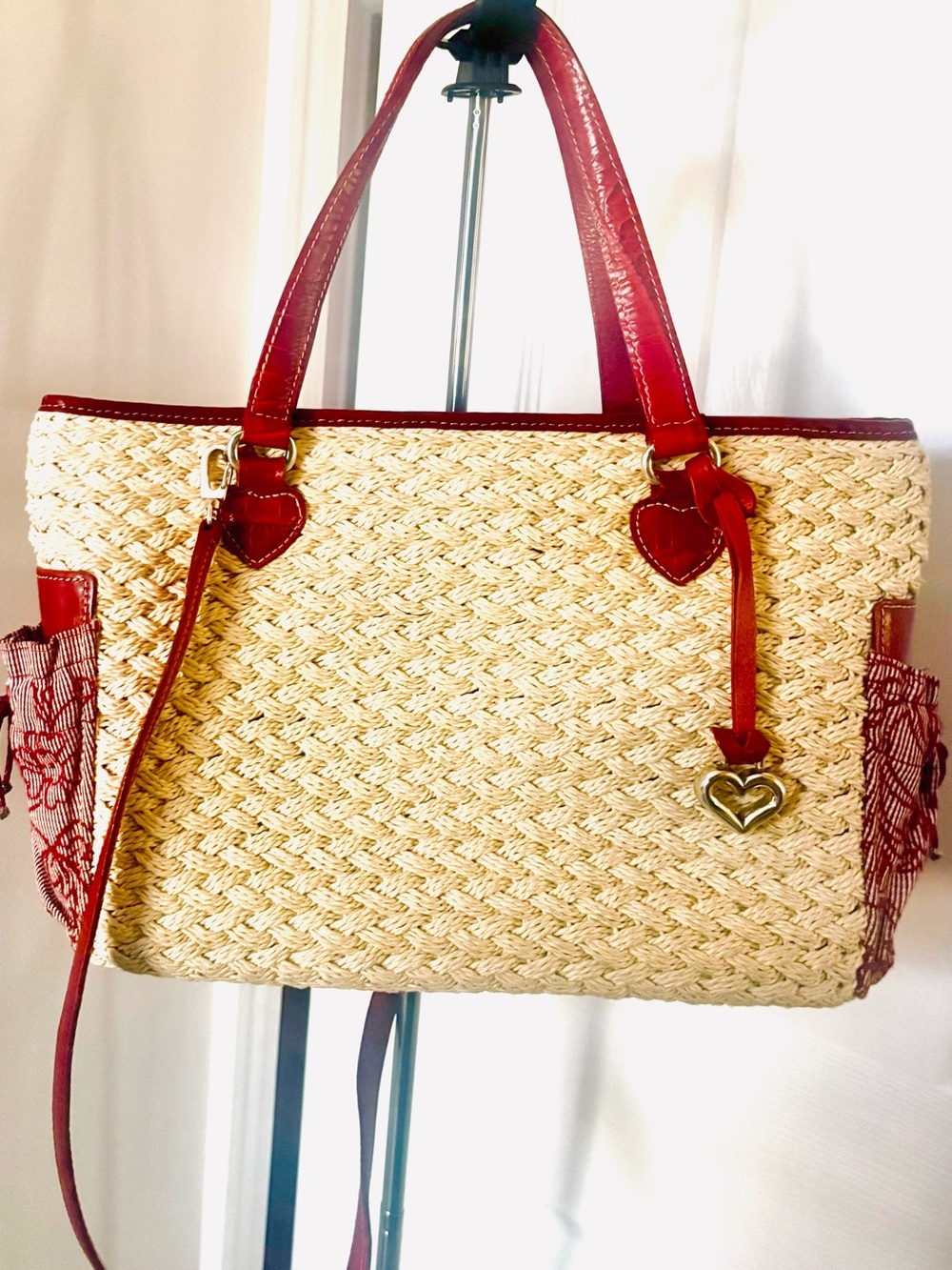 Retired Vintage Brighton Y2K Woven Handbag Shoulder Crossbody Red Leather Trim